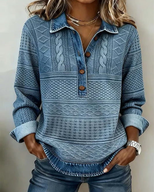Dolores | Pull Femme Effet Denim Torsadé Col Chemise à Boutons
