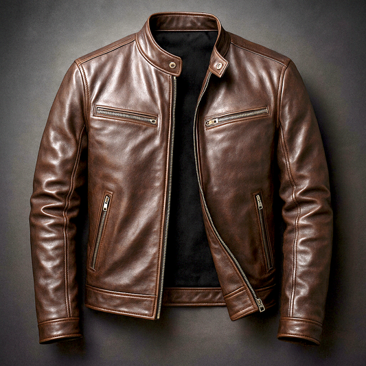 Dorian | Veste Homme en Cuir Vintage Col Officier à Zip et Poches