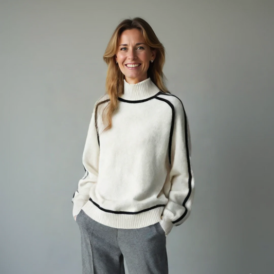 Elaria | Pull Femme en Maille Oversize Col Roulé à Contraste Bicolore