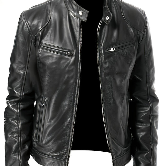 Enzo | Veste Biker Homme en Simili Cuir Col Officier à Zip et Poches
