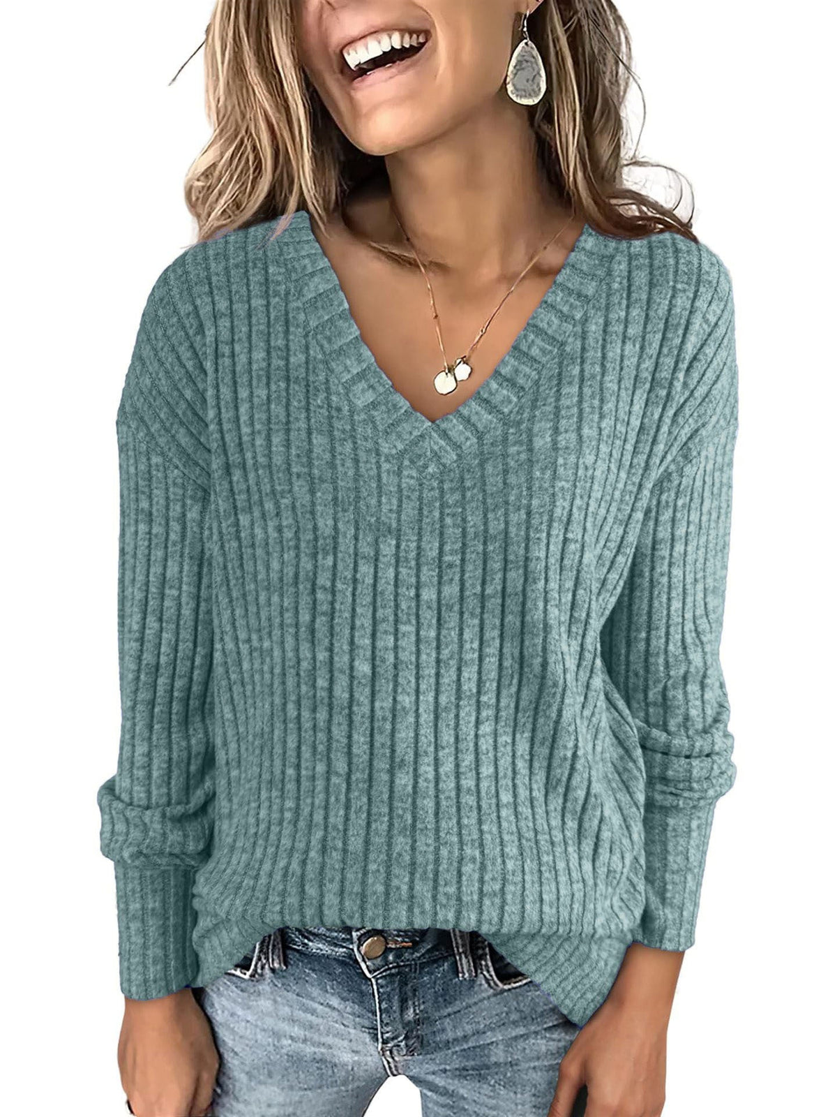 Evelyn | Pull Femme en Maille Côtelé Col V Manches Longues