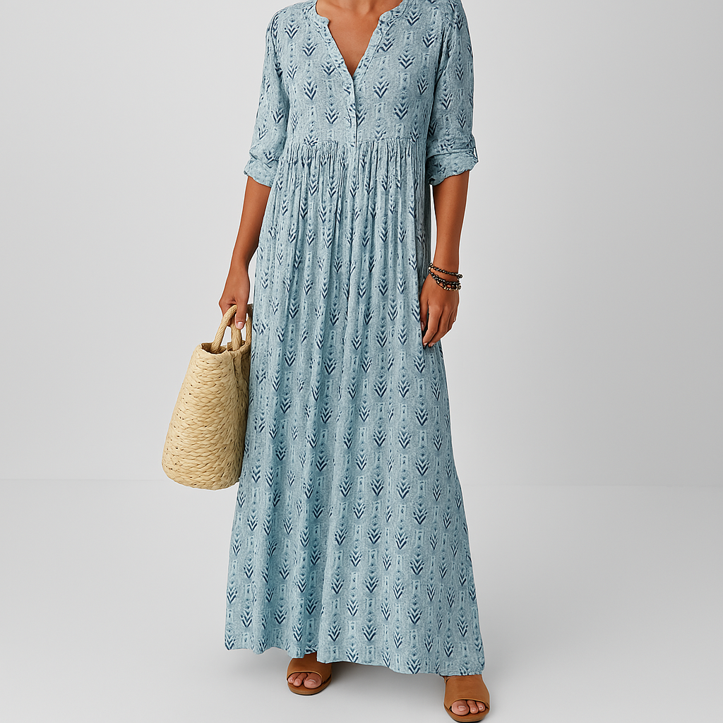Sabrine | Robe Maxi Boho Imprimé Col V Boutonné Manches Retroussées