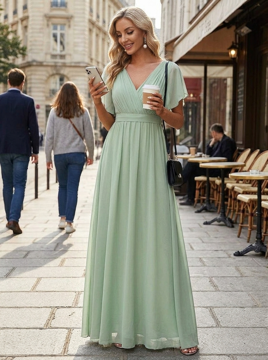 Eulalie | Robe Maxi Chiffon Col V Plissé Manches Papillon A-Line