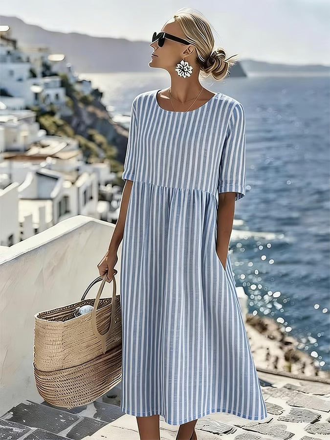 Sarah | Robe Midi Rayée en Lin Col Rond Manches Courtes