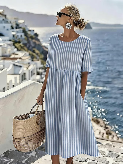 Sarah | Robe Midi Rayée en Lin Col Rond Manches Courtes
