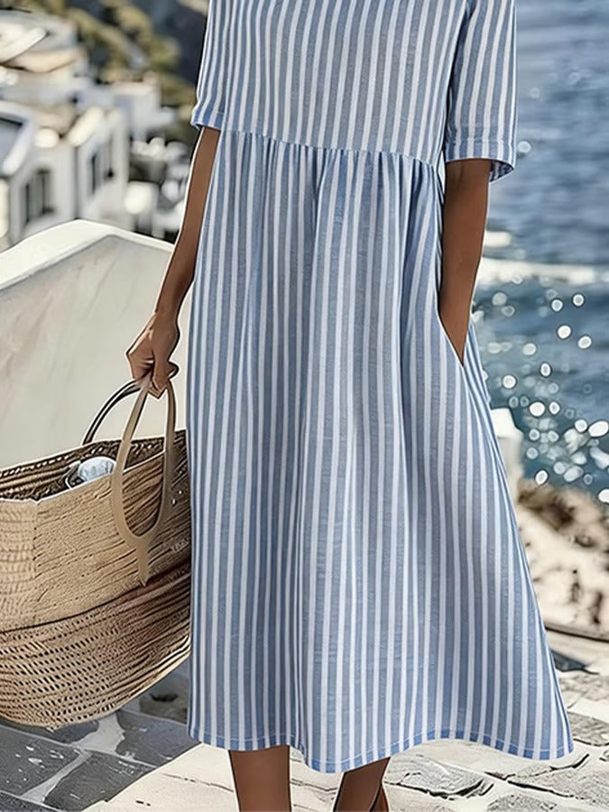 Sarah | Robe Midi Rayée en Lin Col Rond Manches Courtes
