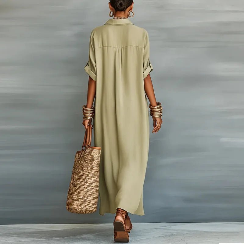 Lucie | Robe Maxi Chemise Lin Boutonnée Manches Retroussées Détendue