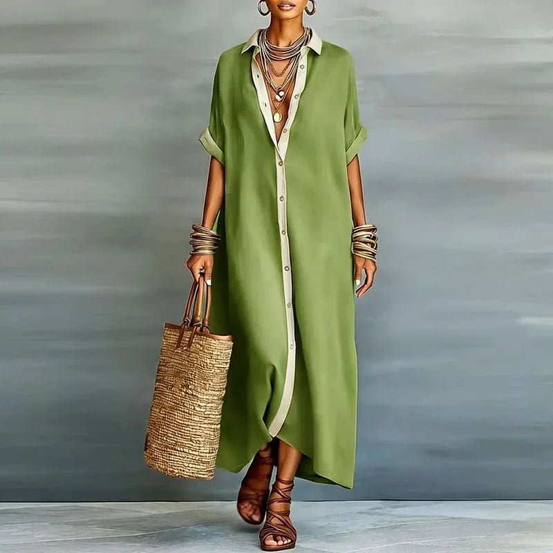 Lucie | Robe Maxi Chemise Lin Boutonnée Manches Retroussées Détendue