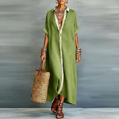 Lucie | Robe Maxi Chemise Lin Boutonnée Manches Retroussées Détendue