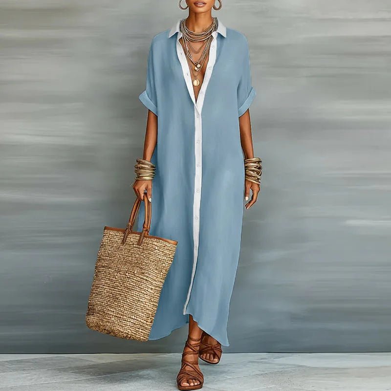Lucie | Robe Maxi Chemise Lin Boutonnée Manches Retroussées Détendue