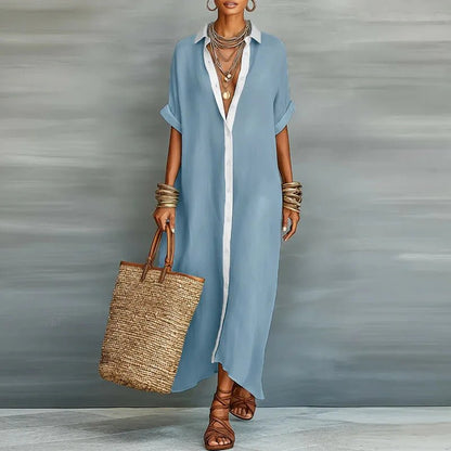 Lucie | Robe Maxi Chemise Lin Boutonnée Manches Retroussées Détendue