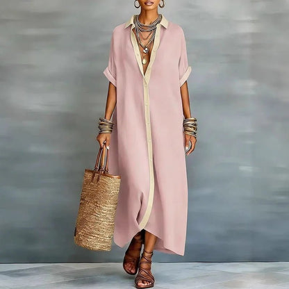 Lucie | Robe Maxi Chemise Lin Boutonnée Manches Retroussées Détendue