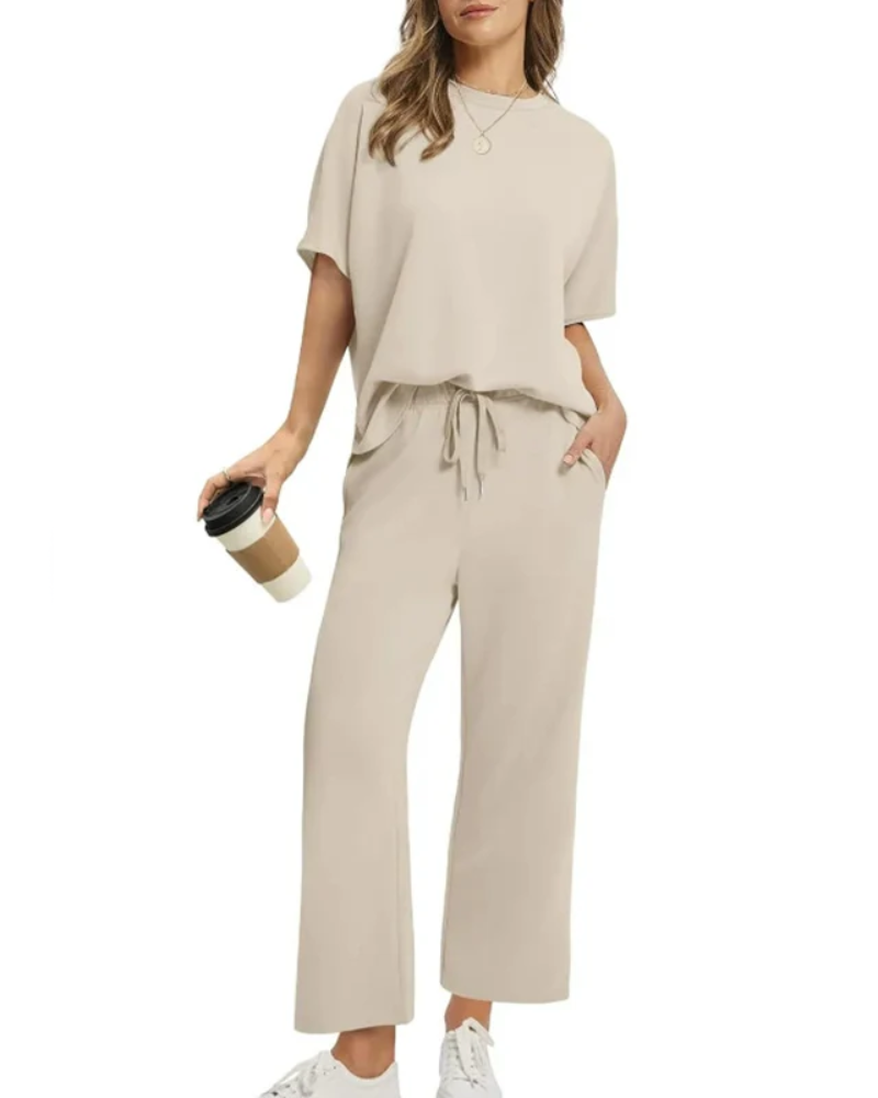 Natascha | Ensemble Femme en Maille Top Col Rond et Pantalon Jambe Large