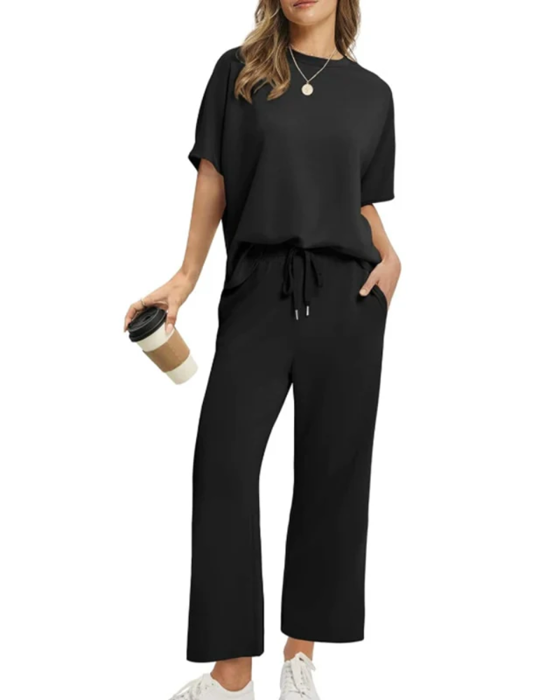 Natascha | Ensemble Femme en Maille Top Col Rond et Pantalon Jambe Large