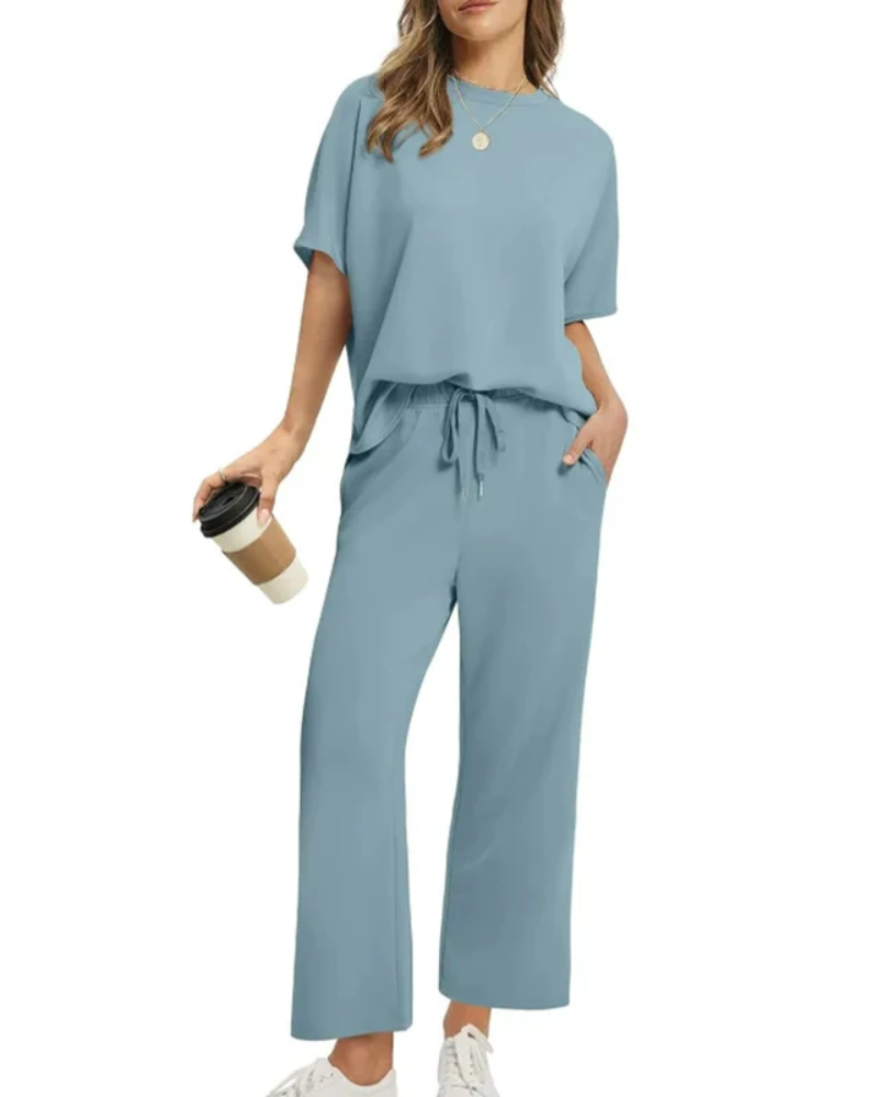 Natascha | Ensemble Femme en Maille Top Col Rond et Pantalon Jambe Large