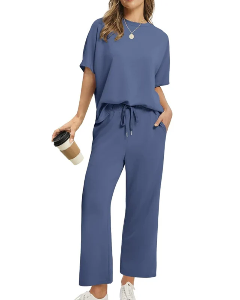 Natascha | Ensemble Femme en Maille Top Col Rond et Pantalon Jambe Large