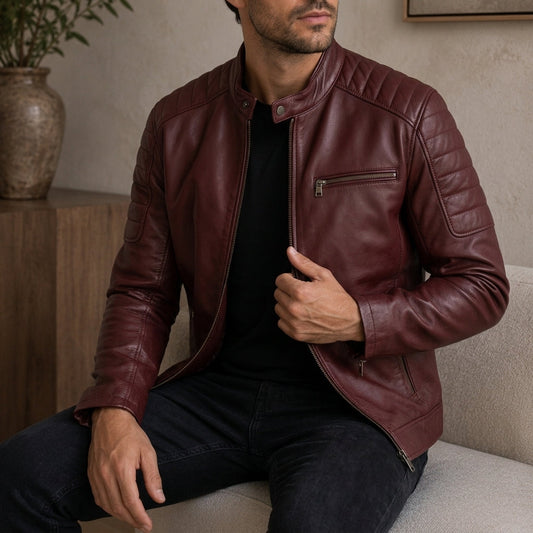 Portofino | Veste Homme en Cuir Matelassée Col Officier à Zip