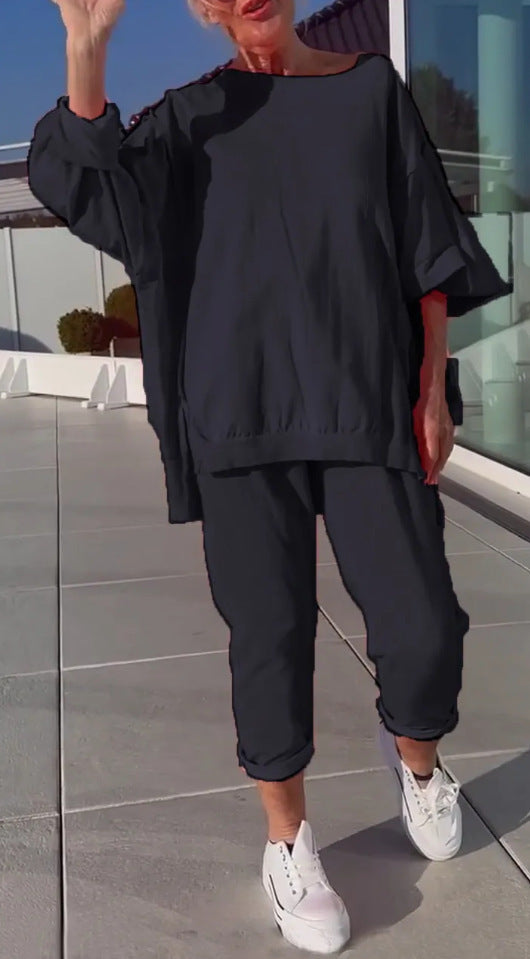 Solène | Ensemble Femme Oversize Top Col Rond et Pantalon Fuselé