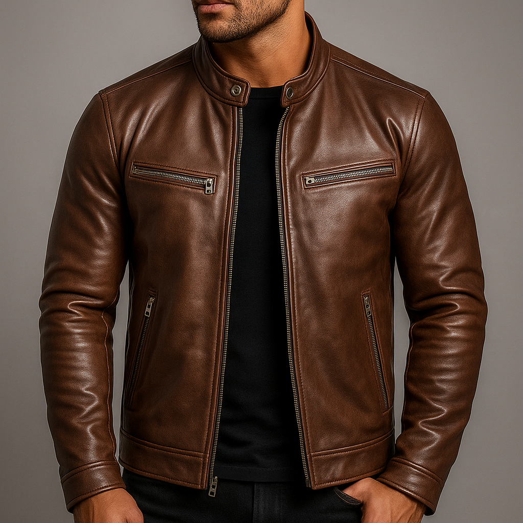 Victor | Veste Homme en Cuir Col Officier à Zip et Poches