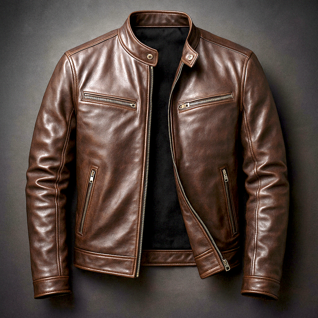 Victor | Veste Homme en Cuir Col Officier à Zip et Poches