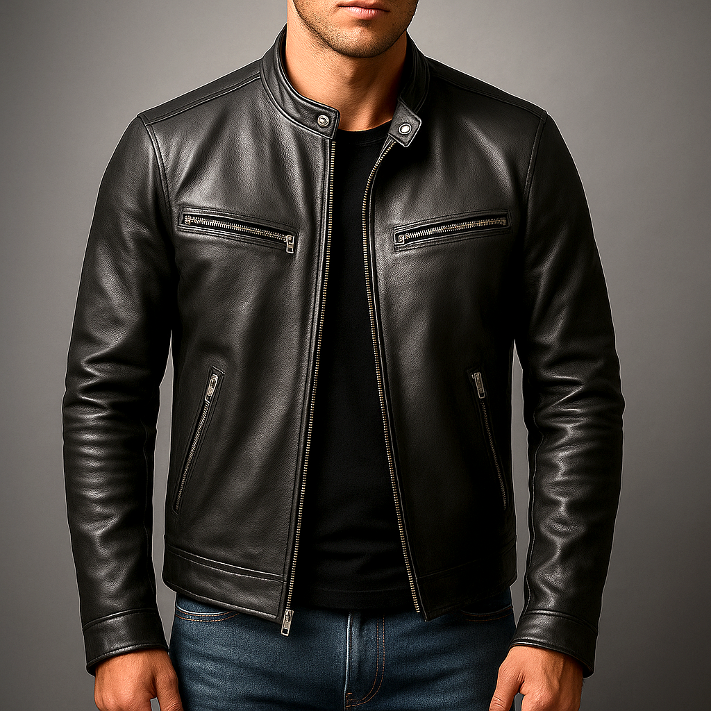 Victor | Veste Homme en Cuir Col Officier à Zip et Poches