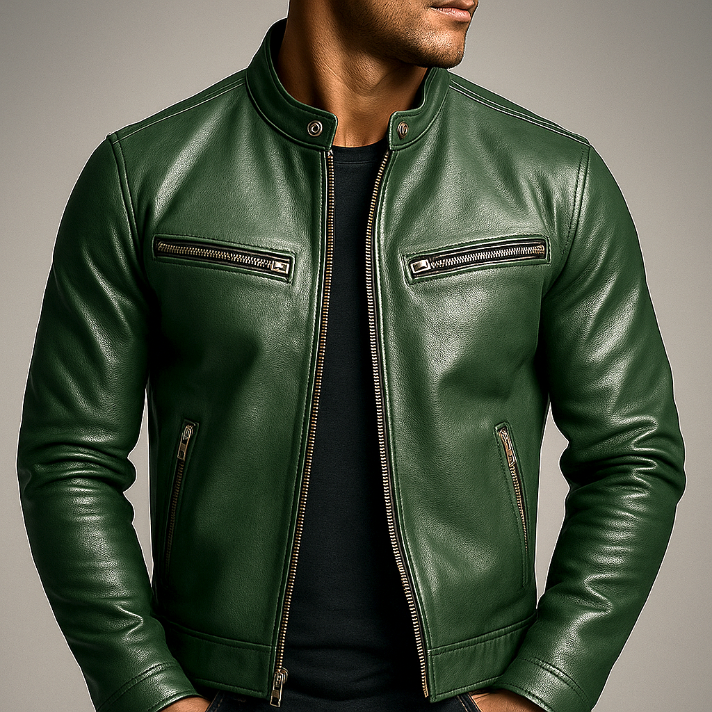 Victor | Veste Homme en Cuir Col Officier à Zip et Poches