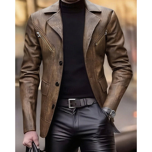 Xavier | Blazer Homme en Simili Cuir Vieilli à Revers Boutons et Poches