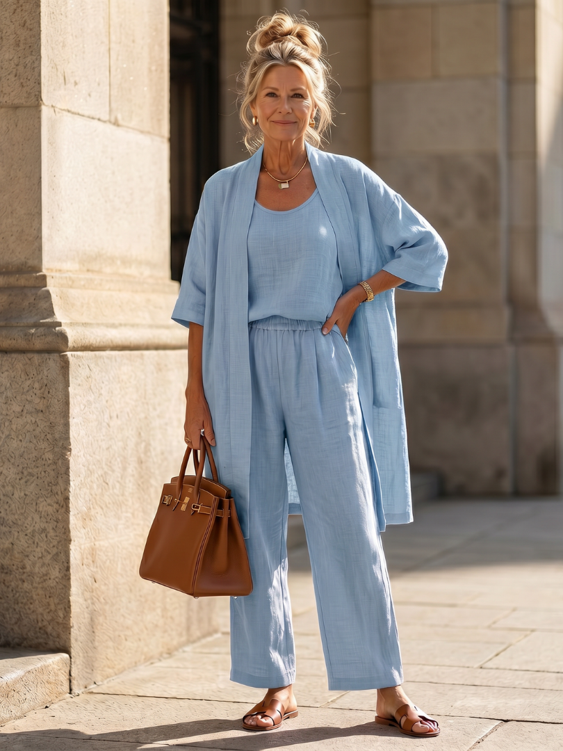 Yael | Ensemble Femme 3 Pièces en Lin Kimono Top et Pantalon Jambe Large