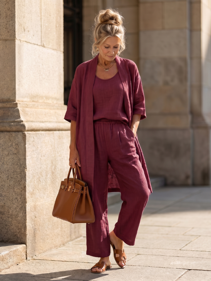 Yael | Ensemble Femme 3 Pièces en Lin Kimono Top et Pantalon Jambe Large