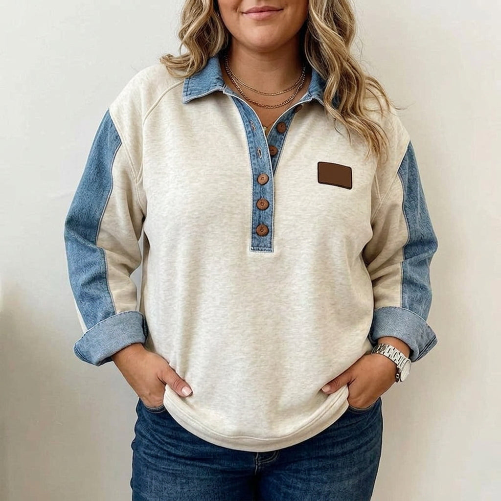 Yelena | Sweat Femme Bicolore Denim Col Chemise à Boutons