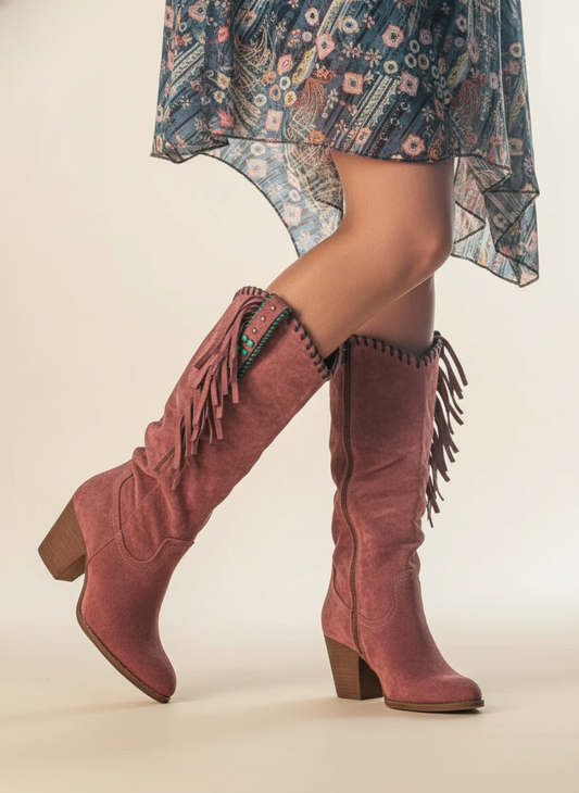 Zoey | Bottes Femme Hautes en Daim à Franges Talon Large Western