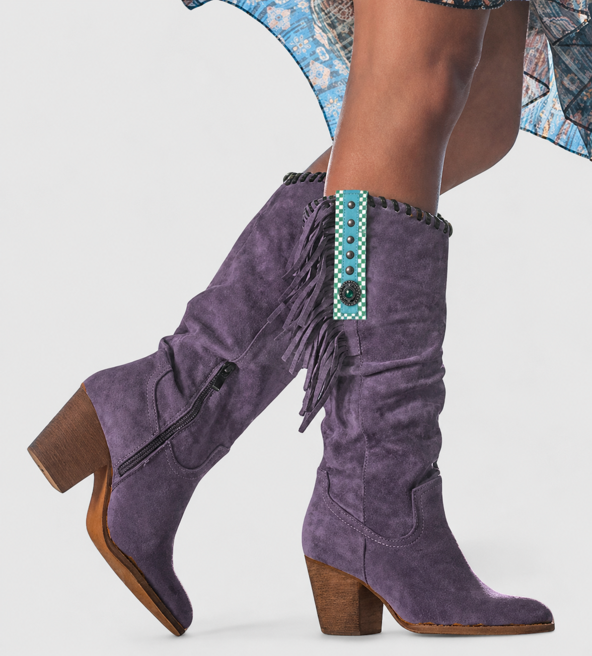 Zoey | Bottes Femme Hautes en Daim à Franges Talon Large Western