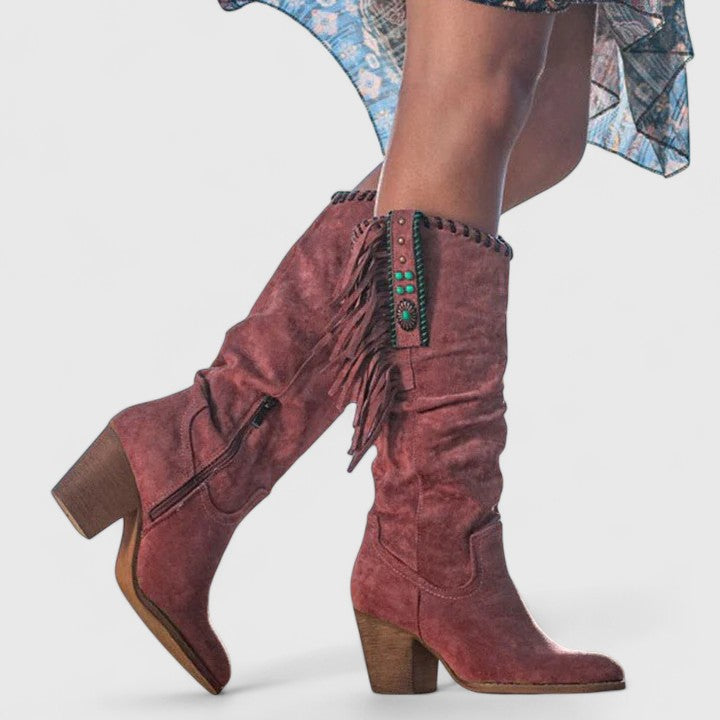 Zoey | Bottes Femme Hautes en Daim à Franges Talon Large Western