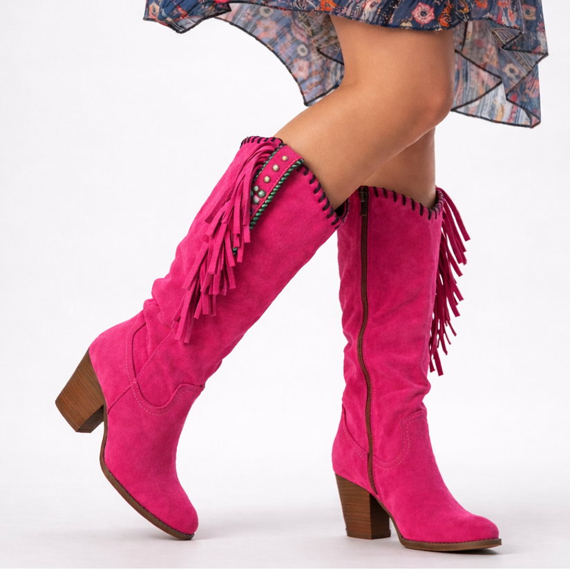 Zoey | Bottes Femme Hautes en Daim à Franges Talon Large Western